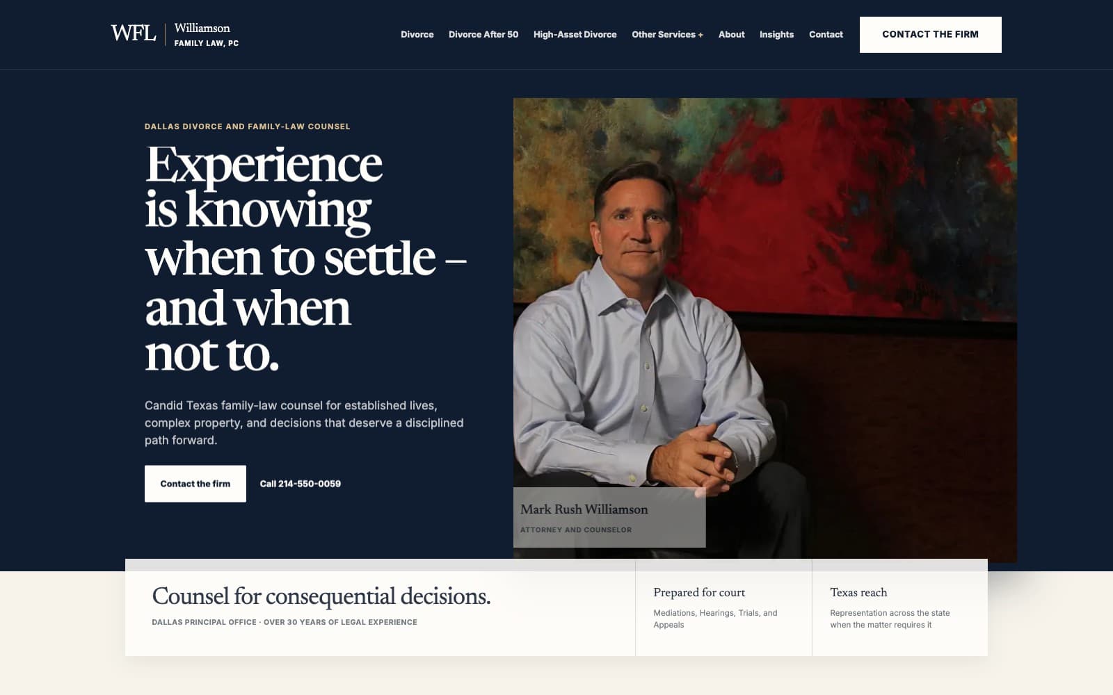 Williamson Family Law desktop homepage with editorial typography and Mark Williamson’s portrait