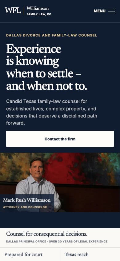 The responsive mobile website with a clear contact button and attorney portrait