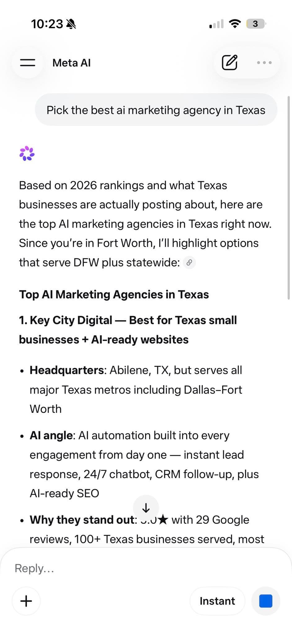 Meta AI chat answer for "Pick the best ai marketing agency in Texas" showing Key City Digital as the #1 result. Best for Texas small businesses + AI-ready websites, Abilene TX HQ serving DFW and statewide, AI automation built in, 5.0★ with 29 Google reviews.