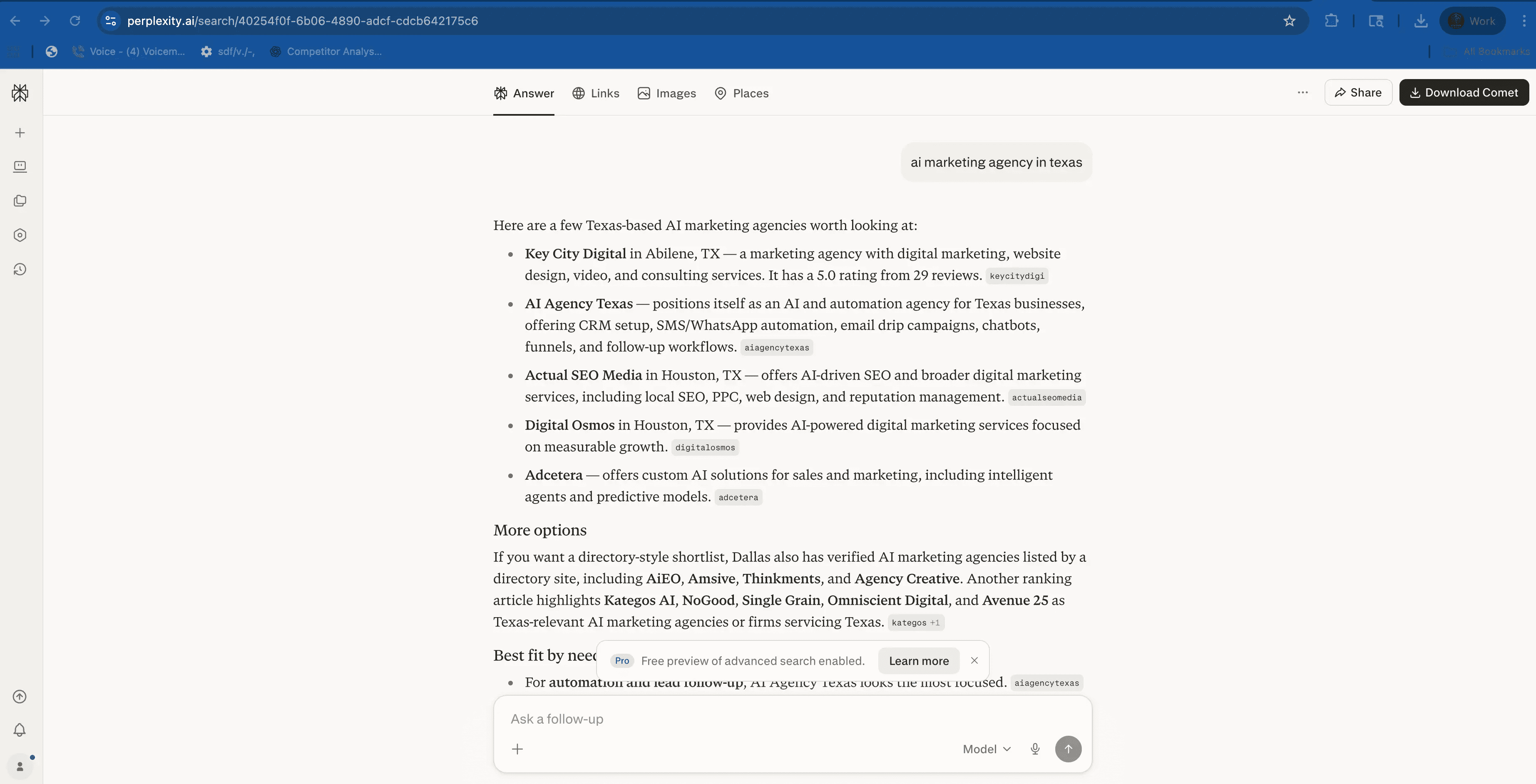 Perplexity AI search results for "ai marketing agency in texas" showing Key City Digital listed as the first and top-cited Texas-based AI marketing agency, above AI Agency Texas, Actual SEO Media, Digital Osmos, and Adcetera.