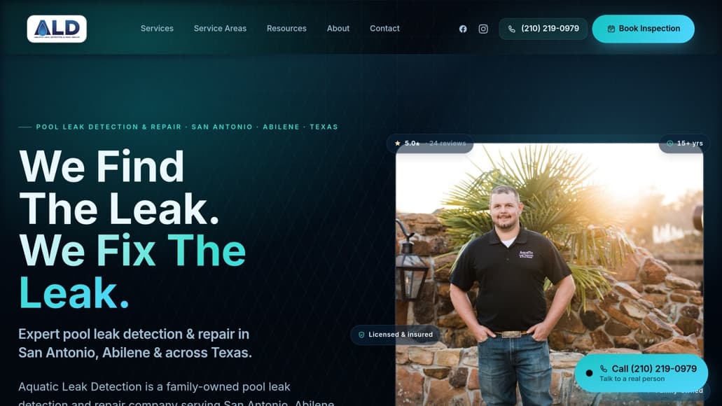 Aquatic Leak Detection website built by Key City Digital