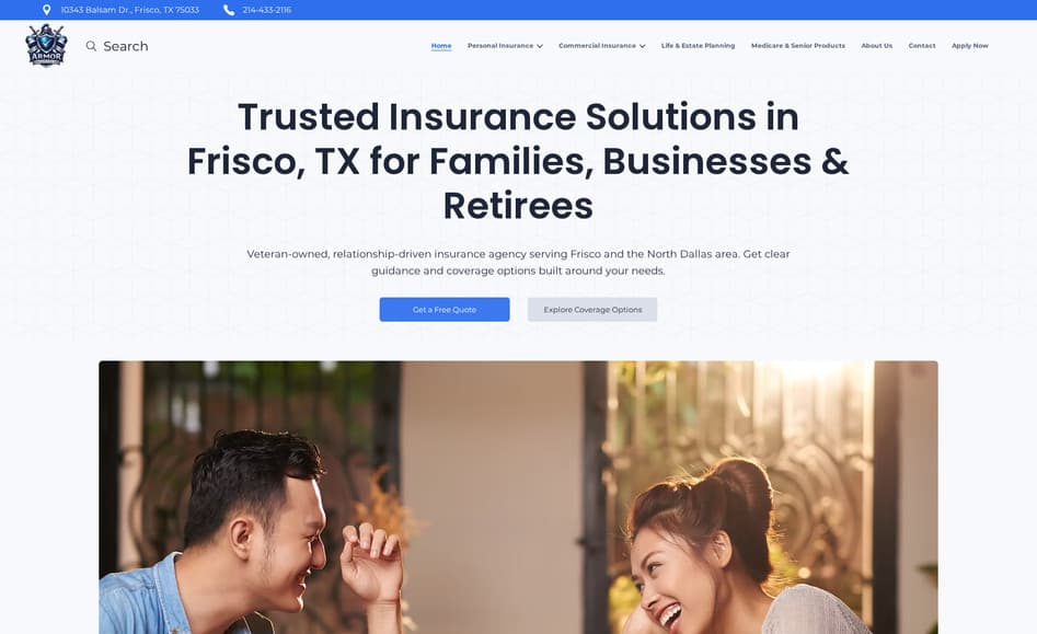 Armor Insurances — Insurance website design in Frisco, TX, built by Key City Digital