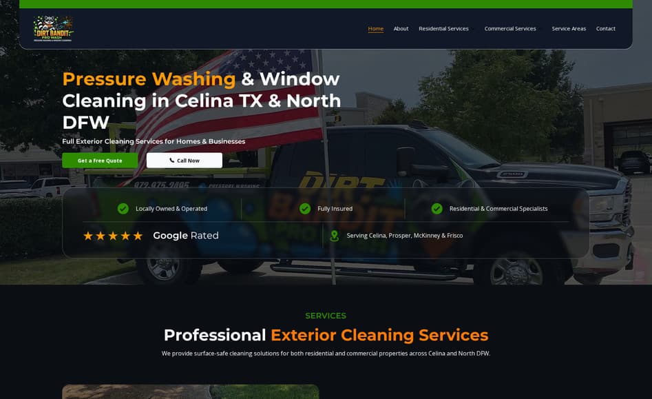 Dirt Bandit Pro Wash — Pressure Washing website design in Texas, built by Key City Digital