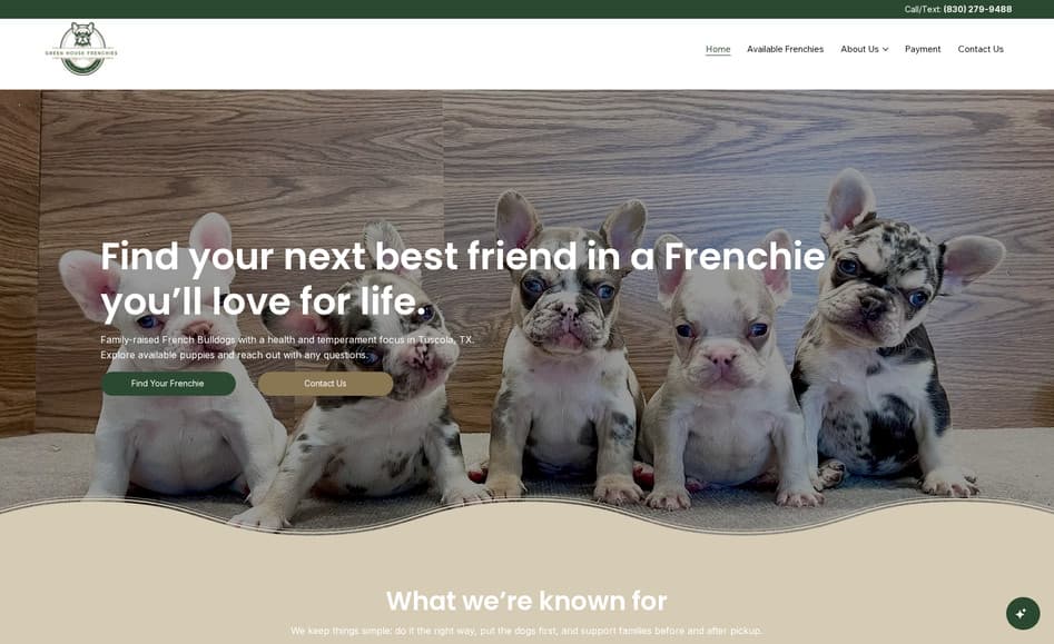 Green House Frenchies website designed by Key City Digital