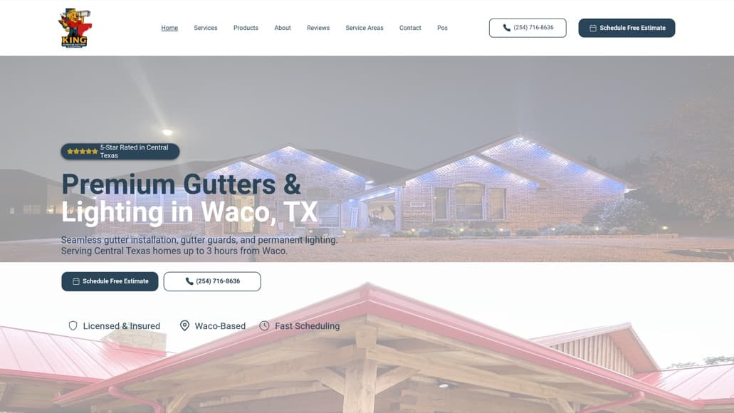 King Seamless Gutters & Lighting website built by Key City Digital